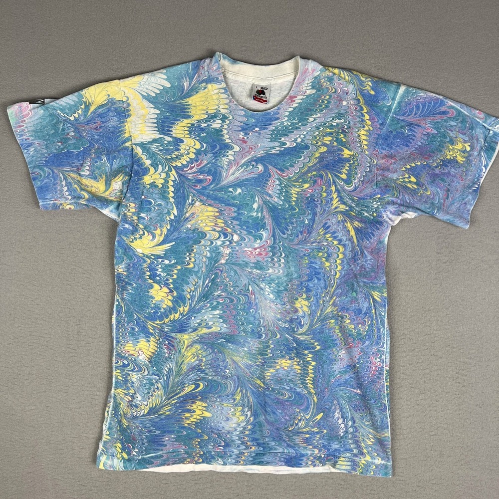 VTG 90s All Over Print T Shirt Fits S Abstract Marble Rave Art Psychedelic USA